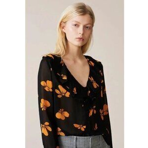 GANNI Fairfax Georgette Blouse / Size 36 / US 4 / Black Orange Ruffle V-Neck